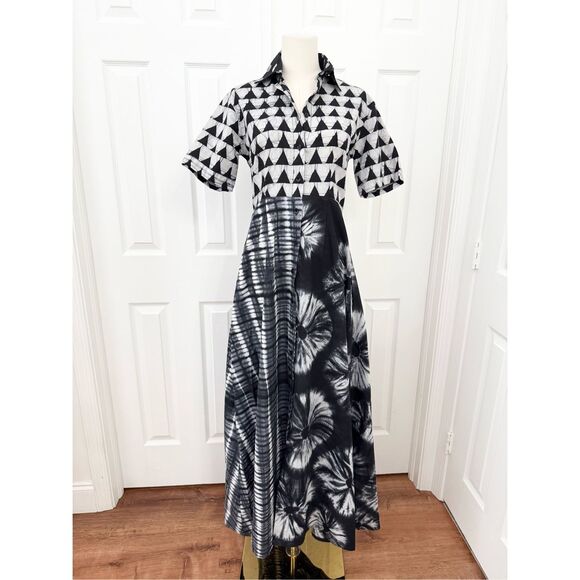 Studio 189 Womens Black & White Hand-Batik Mixed Print Cotton Shirt Dress Small - Picture 1 of 5